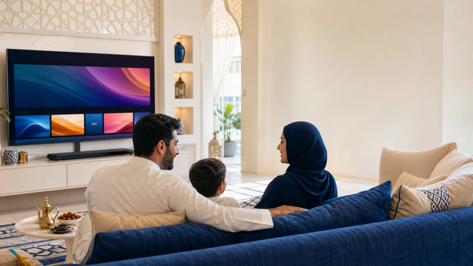 عائلة عربية تستمتع بالمشاهدة في المنزل